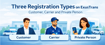 Tre registreringstyper för konton på ExusTrans för bättre användarupplevelse och organisation av transportmarknadsplatsen